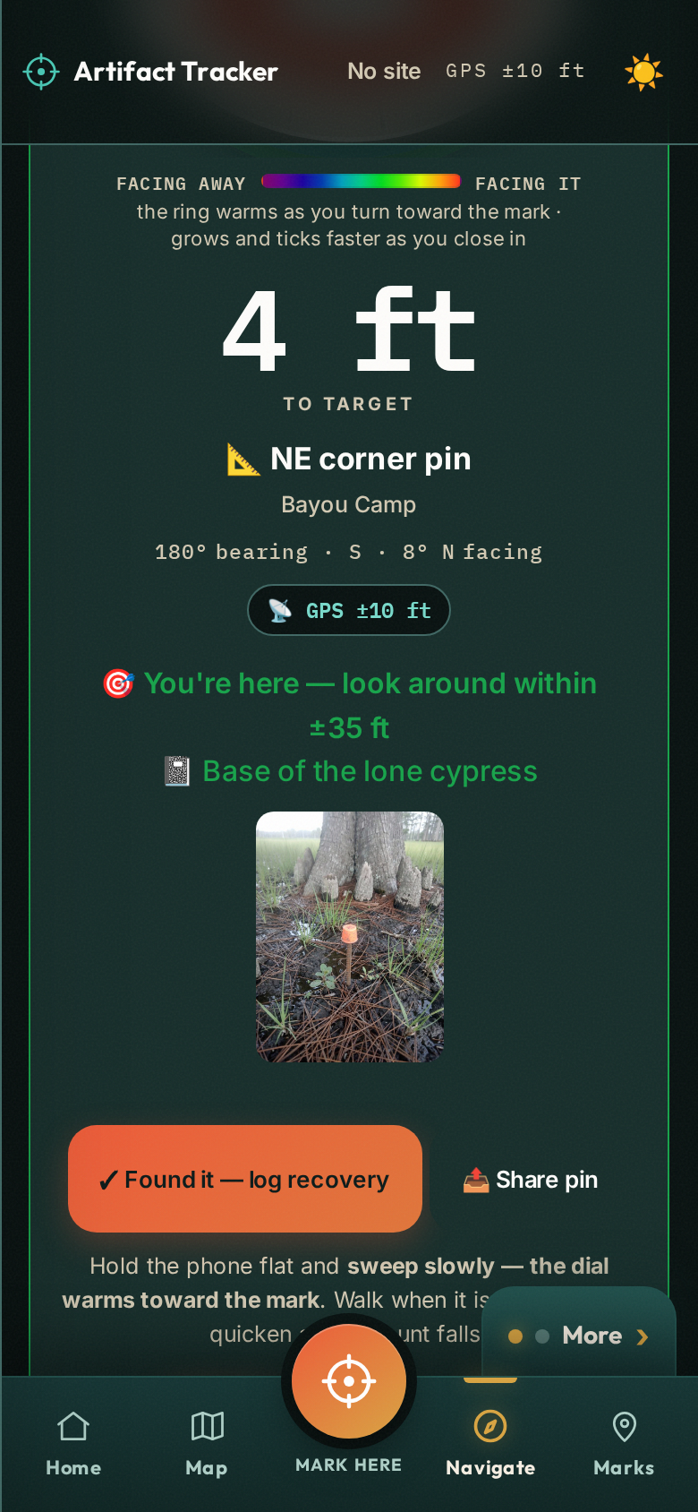 Mark Once arrival screen on a phone: you're at the corner pin, and the photo taken when it was marked — an orange survey cap at the base of a cypress — is on screen with the note
