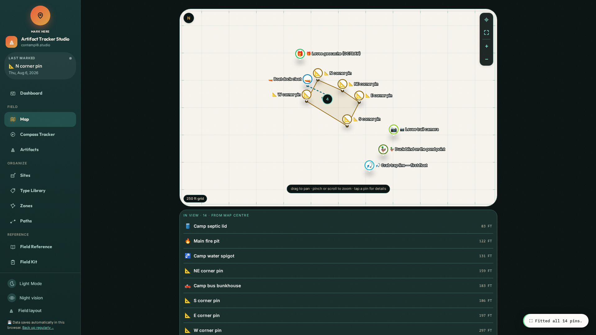 Artifact Tracker map: every mark and zone plotted across a property, with the in-view list ranked by distance