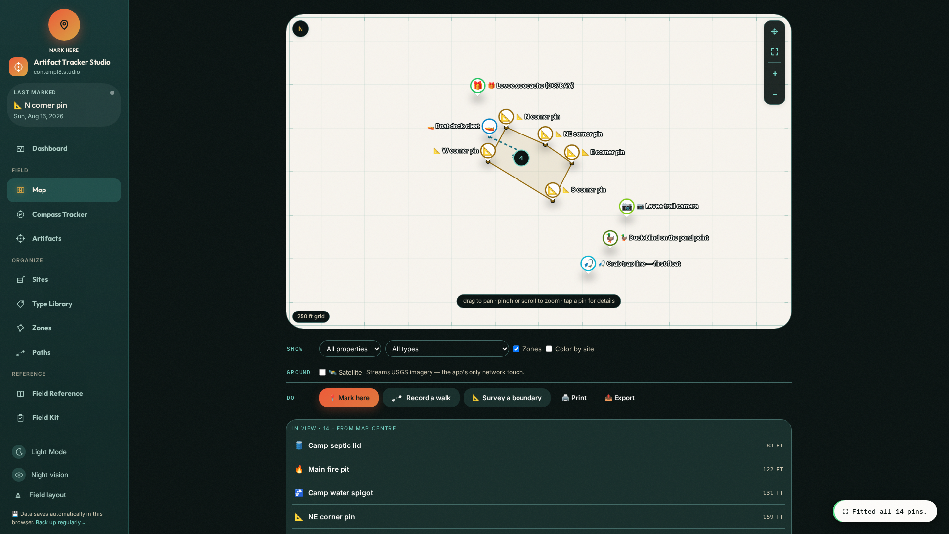 Mark Once map: every mark and zone plotted across a property, with the in-view list ranked by distance