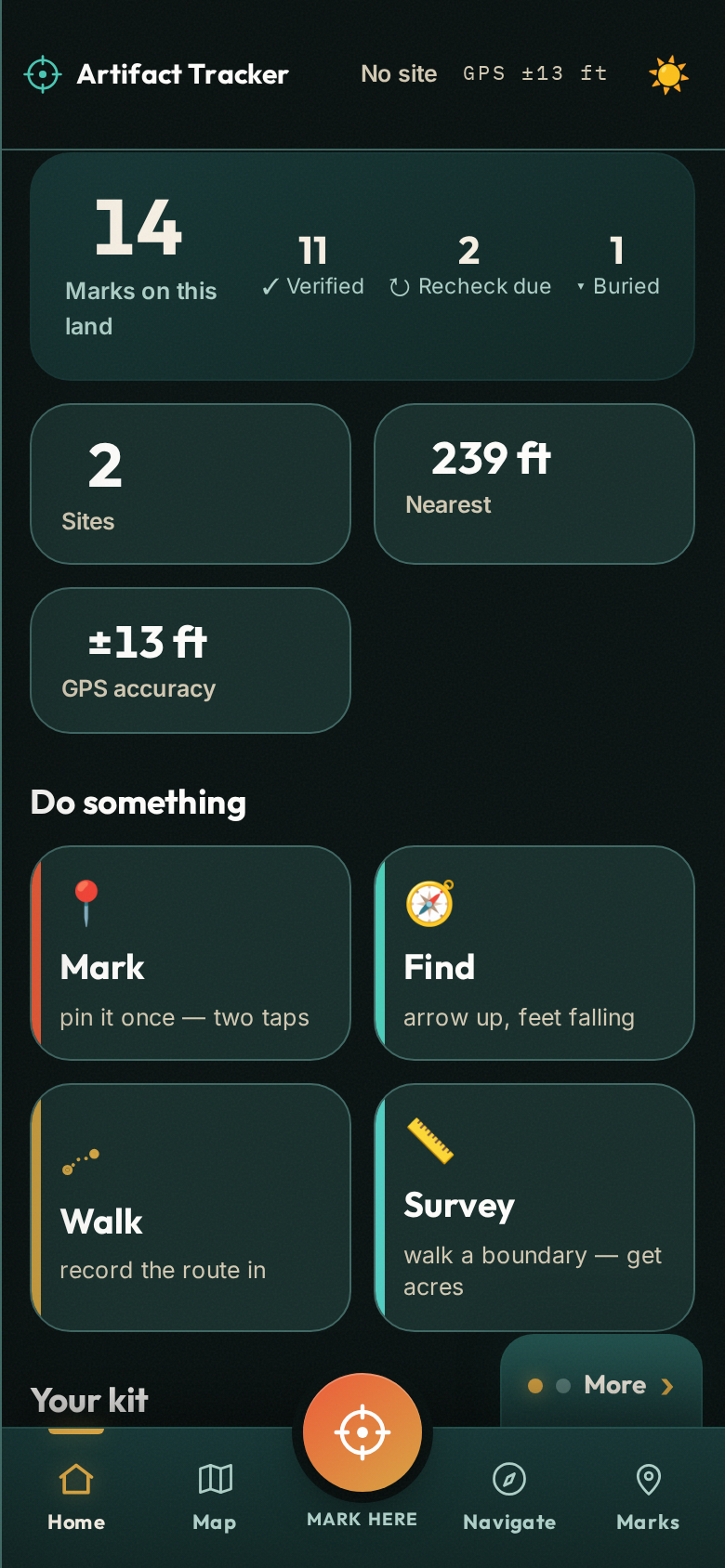 Artifact Tracker on a phone: marks on this land, nearest mark, GPS accuracy, and the Mark · Find · Walk · Survey actions, fully offline